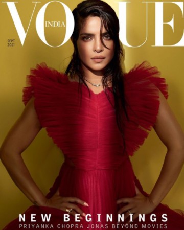 Priyanka Chopra in a red dress on the cover of Vogue India