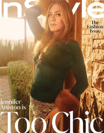 jennifer aniston wears a green sweater and gold skirt on the cover of Instyle