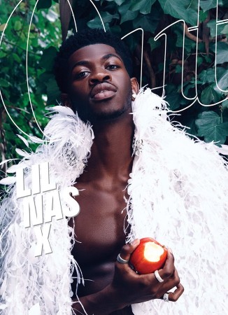 Lil Nas X in a white feathered sweater on the cover of Out