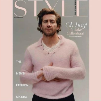 jake gyllenhaal in a pink sweater on the cover ofsunday style