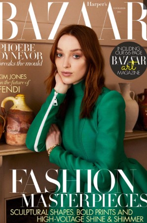 Phoebe Dynevor wears a green Louis Vuitton dress on the cover of Harper's Bazaar. 
