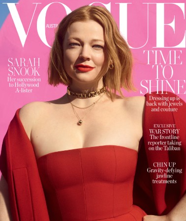 Succession star Sarah Snook wears a red strapless dress on the cover of Vogue Australia