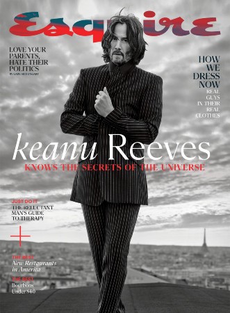 Keanu Reeves wears a striped suit on the cover of Esquire