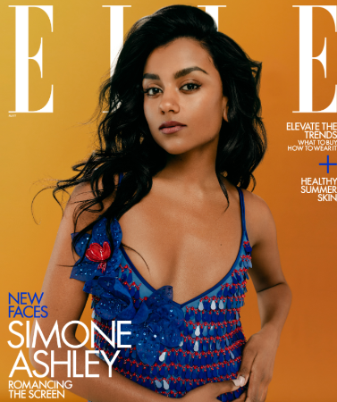 simone ashley in a blue dress on the cover of elle
