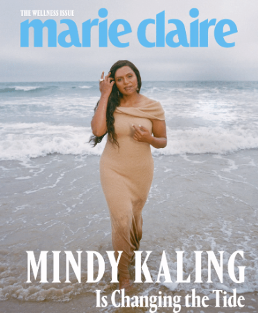 mindy kaling poses on a beach for the cover ofmarie clare