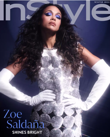 Zoe Saldaña in a sparkly dress on the cover of Instyle