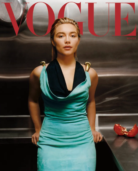 Florence Pugh in a teal dress on the cover of Vogue
