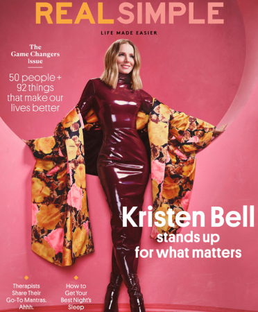Kristen Bell in a red leather dress on the cover of Real Simple