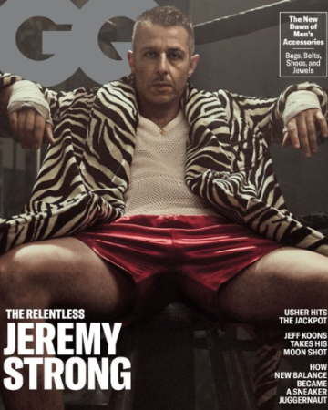 Jeremey Strong in red shorts on the cover of GQ