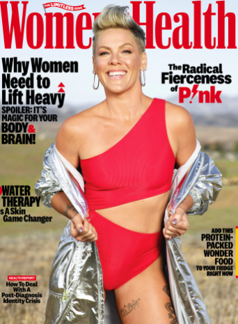pink wears a red bathing suit on the cover of womens health